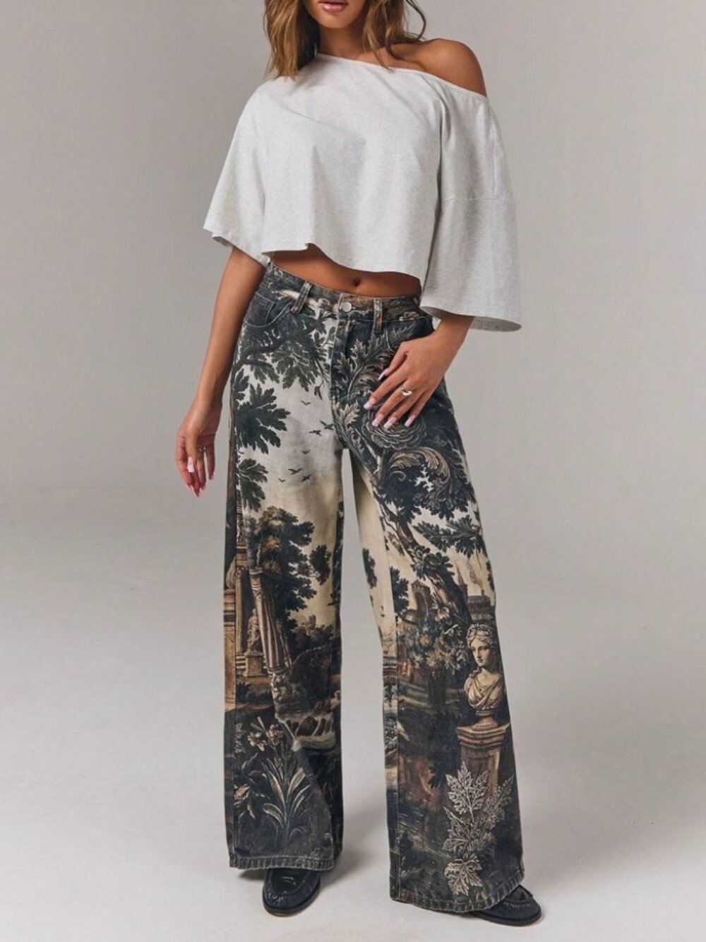 Brown Tapestry Print Wide Leg Denim Jeans - Extra Long - Picture 5 of 7
